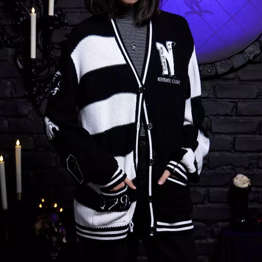 Wednesday Black & White Stripe Patches Slouchy Cardigan Hot Topic Addams